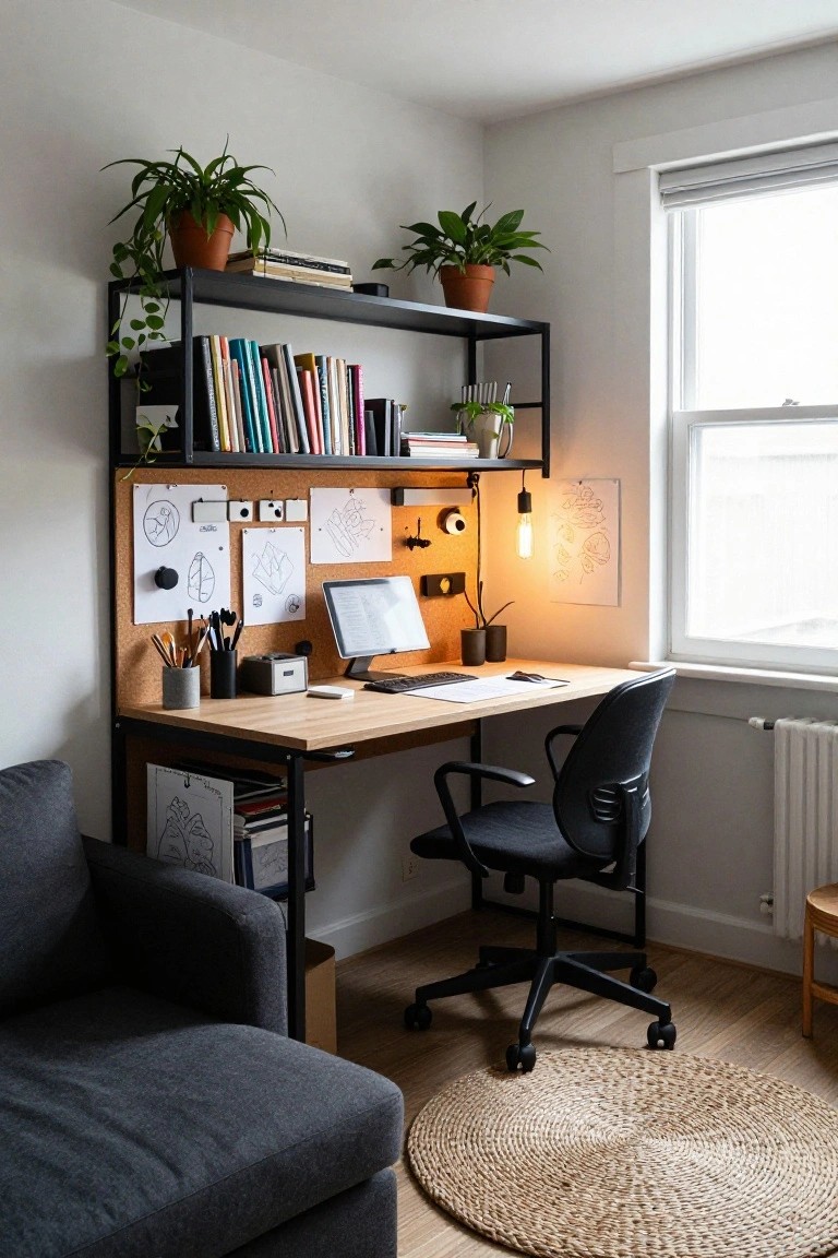 Wooden desk with black metal overhead shelving holding books, plants, and art supplies, corkboard panels, computer monitor, black office chair, and gray sofa in a light-filled room with window and seagrass rug.
