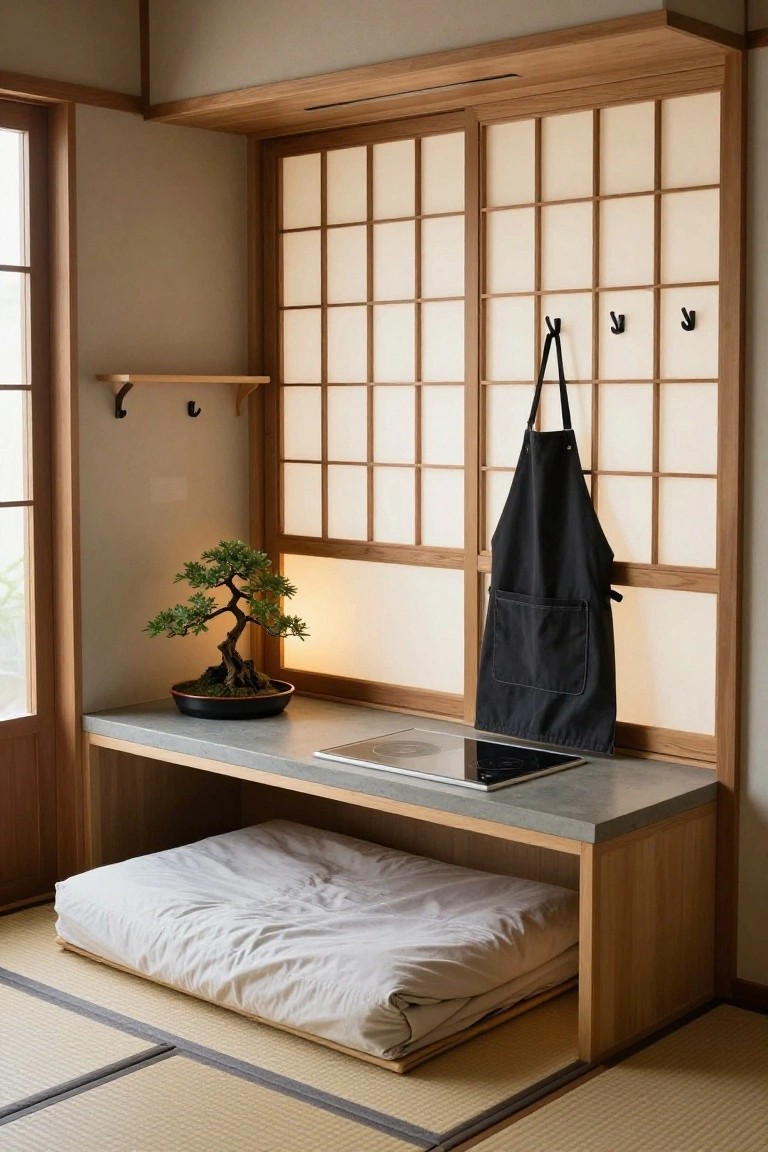 Japanese-style small room interior with shoji screens, low concrete counter holding induction cooktop and bonsai pot, black apron on hooks, and white futon under wooden platform on tatami mats.