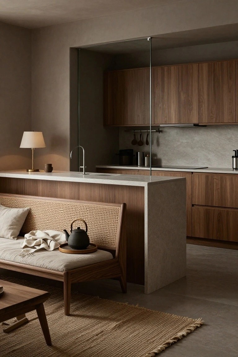 A compact studio apartment interior with a light wood kitchen peninsula doubling as a bench seat with rattan back and cushions, wood cabinets, neutral counters, and a low coffee table nearby.