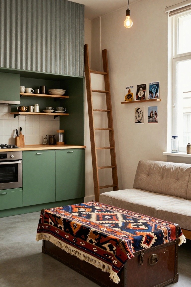 A compact studio apartment interior with a wooden ladder used as open shelving beside green kitchen cabinets, a beige sofa, and a trunk topped with a patterned rug in front of a window.