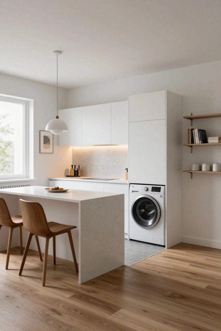 Small modern kitchen with white cabinets, a front-loading washer integrated into the cabinetry next to a white quartz peninsula, two wooden bar stools, and a window overlooking trees.
