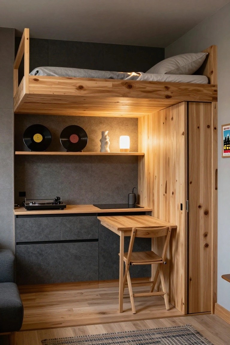 Compact studio apartment interior with elevated wooden loft bed above a kitchen counter, turntable, small desk, and folding chair, featuring gray cabinets and wood paneling.