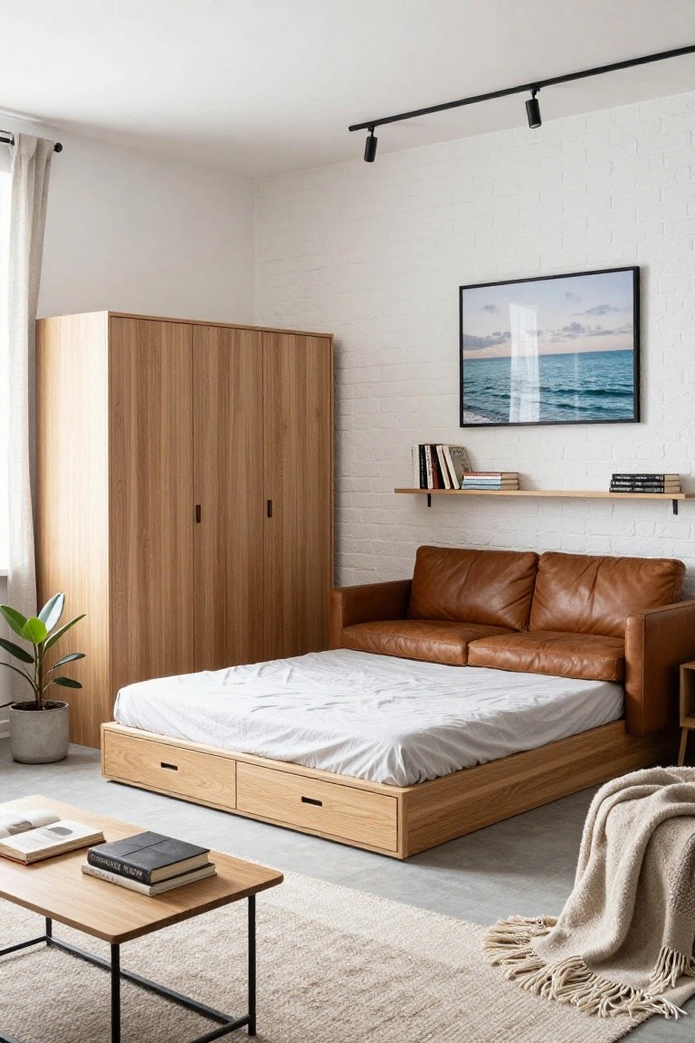 Corner of a small modern studio apartment with tall wooden wardrobe, brown leather two-seater sofa, low wooden platform bed with white sheets and underbed drawers, wooden coffee table with stacked books, potted plant in gray pot, beige throw rug, exposed white brick wall with floating bookshelf and large ocean photo frame, track lighting on white ceiling, concrete floor.