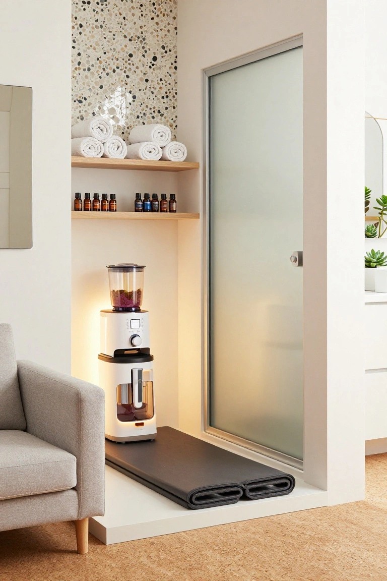 Compact bathroom nook with frosted glass shower door, wooden shelves holding white towels and brown essential oil bottles, white two-part juicer dispenser with purple liquid beside a gray armchair, and folded black yoga mat on raised white platform against beige pebble wall.