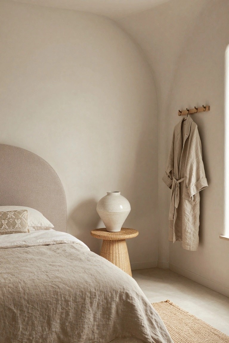 Bedroom corner with light gray curved upholstered headboard on a bed draped in beige linen sheets and pillows, rattan pedestal side table holding a tall white ceramic vase, linen robe on wooden hooks by an arched window, seagrass rug on light floor.