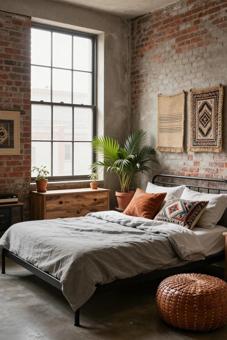 A bedroom interior with exposed brick and concrete walls, large black-framed window, black metal bed frame with gray linen sheets and patterned pillows, potted plants, wooden dresser, woven wall hangings, and orange woven pouf.