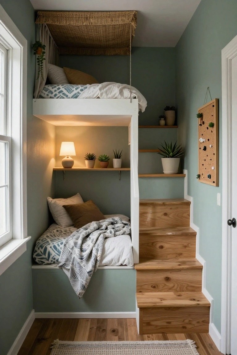 Small bedroom with lofted upper bunk bed under woven ceiling panel, wooden stairs descending to built-in lower bed, shelves holding potted plants, sage green walls, table lamp, and corkboard.