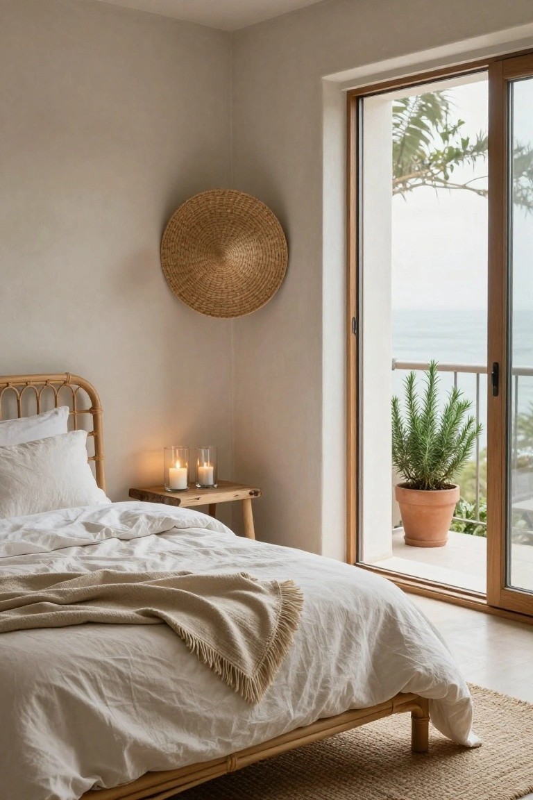 Bedroom with rattan bed frame and white linens, wooden side table holding two candles in glass holders, woven hat on beige wall, potted rosemary plant on balcony visible through sliding glass doors overlooking ocean.