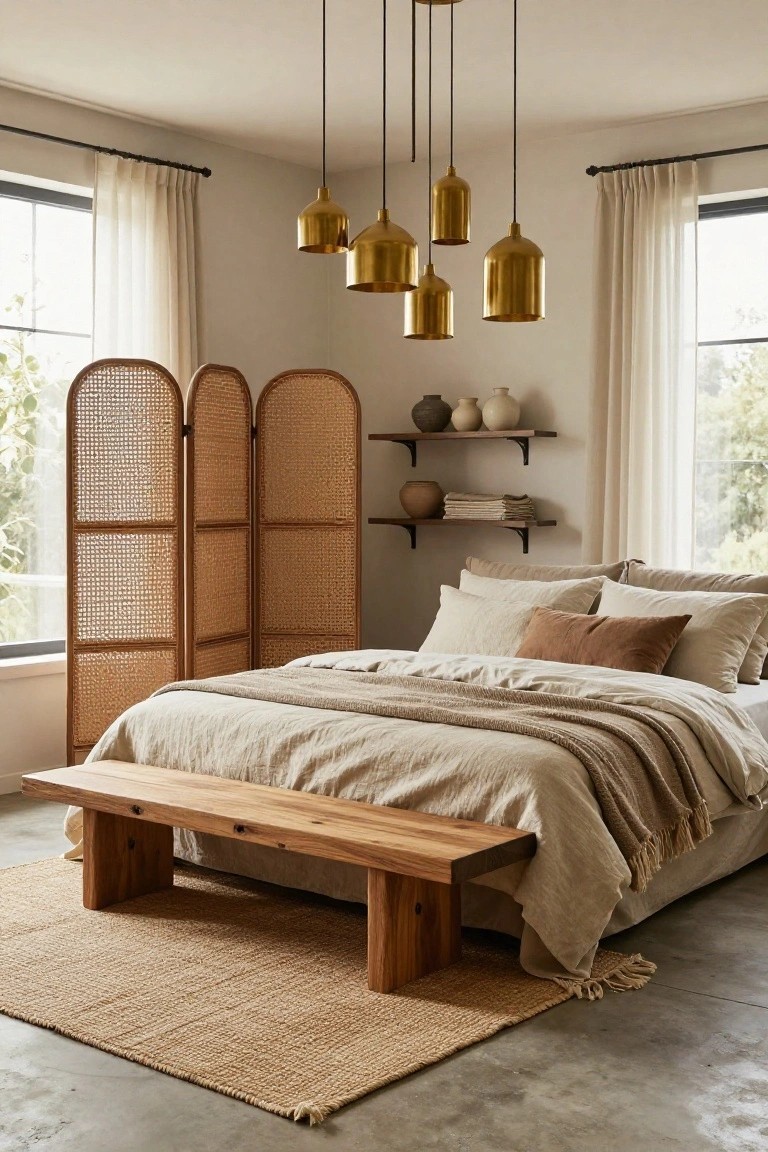 A bedroom interior with a low bed draped in beige linens and throws, wooden bench at the foot, tall rattan folding screen near large windows with sheer curtains, cluster of gold pendant lights overhead, floating shelves holding pottery, seagrass rug on polished concrete floor.