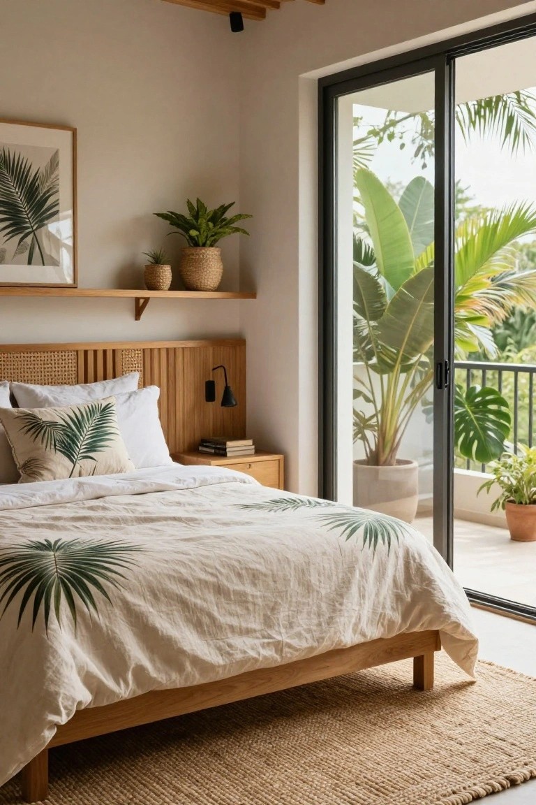 A bedroom with a wooden platform bed featuring a rattan-paneled headboard, white sheets and pillows with green palm leaf prints on the duvet, indoor plants on shelves, and black sliding doors open to a balcony with large tropical plants outside.