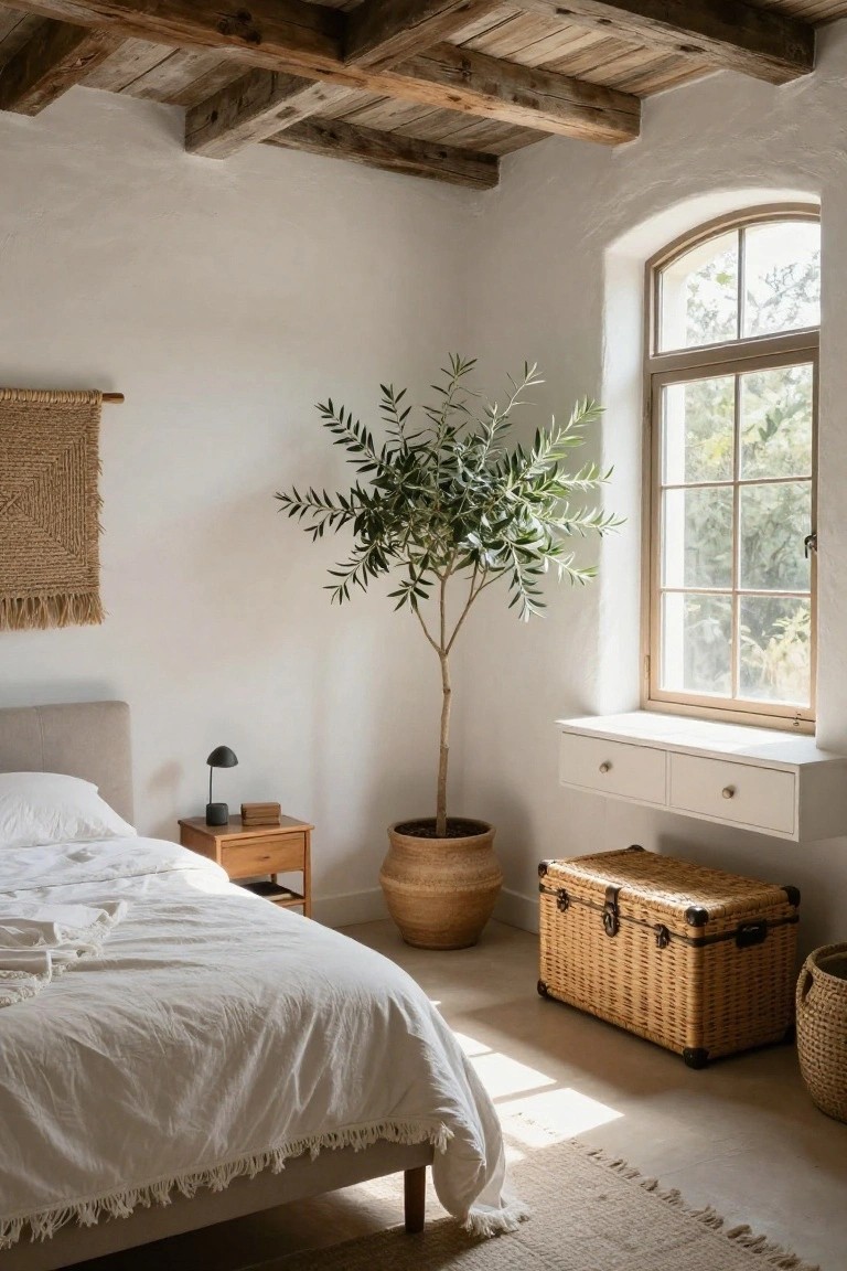 Cozy bedroom with white lime-washed walls, exposed wooden ceiling beams, gray upholstered bed with white fringed bedding, tall potted olive tree near arched window, wooden nightstand, rattan chest, and seagrass rug.
