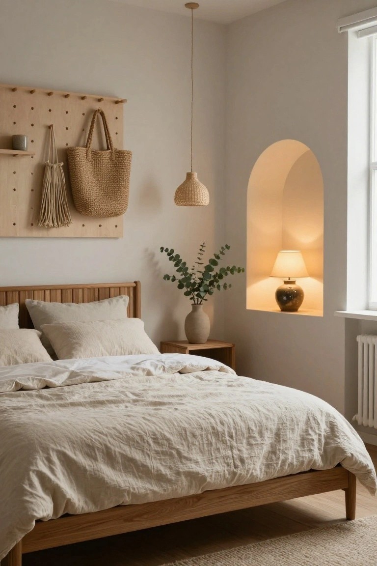 Bedroom with light wood bed frame and beige linen bedding, wooden pegboard wall holding straw bag and ropes, arched wall niche containing lamp and eucalyptus in vase, rattan pendant lights, and neutral walls.