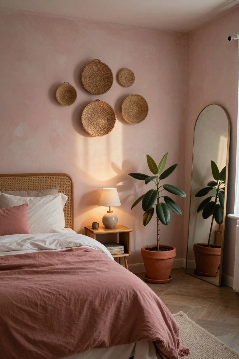 Bedroom corner featuring a rattan headboard bed with white sheets and pink pillows and duvet, bedside table with lamp, tall potted plants, gold arched floor mirror, and multiple woven baskets of varying sizes hanging on textured pink walls, with oak flooring and window light.
