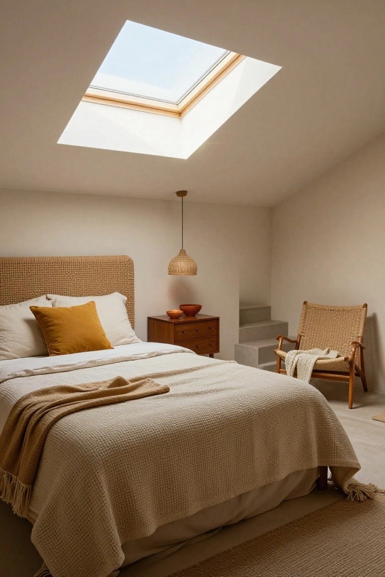 Cozy bedroom with a woven headboard, beige bedding, pendant light, and a rattan chair.