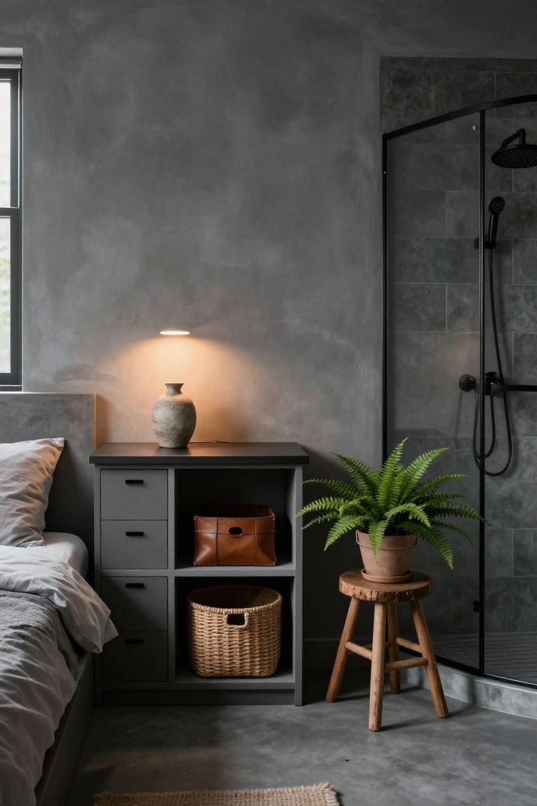 Cozy bedroom corner featuring gray walls, a nightstand, a plant, and a shower.