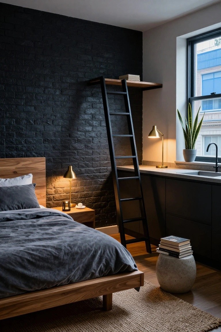 Studio apartment bedroom with exposed black brick wall, wooden platform bed with gray duvet, brass arc lamps on nightstand and counter, black ladder shelf unit, potted snake plant, and adjacent dark cabinet kitchen sink under large window.