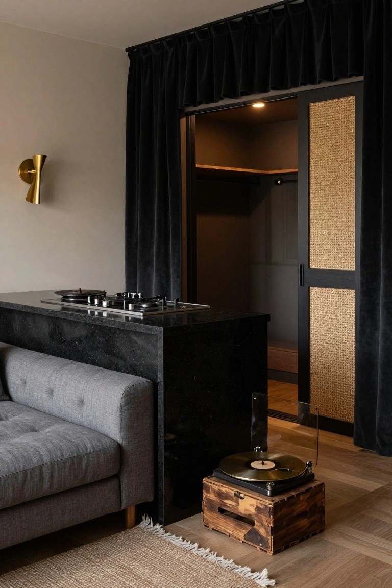 Studio apartment interior with black stone kitchen island featuring gas cooktop, adjacent gray fabric sofa on wood floor, wooden crate with black record player, black velvet curtains, and black door with rattan panels.