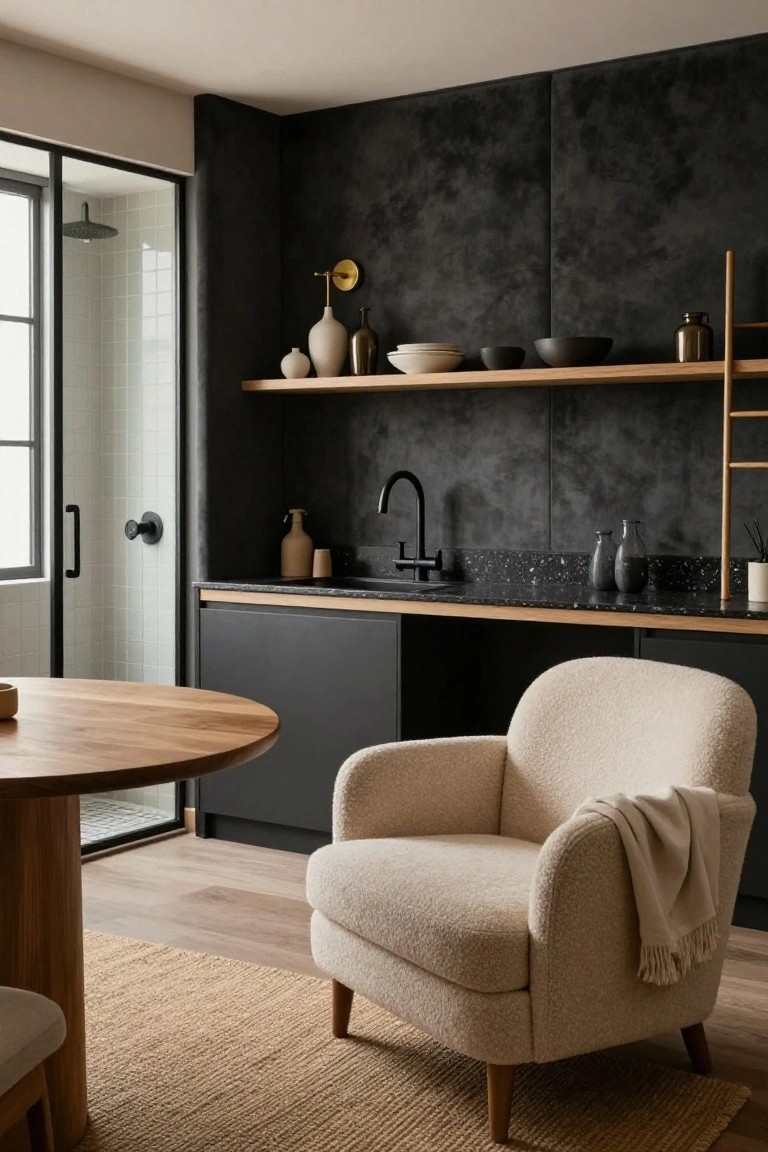 Small studio apartment interior with dark textured walls, open glass shower enclosure, black kitchen cabinets and faucet on wood-edged black countertop, wooden shelves holding ceramics and vases, round wooden table, and cream bouclé armchair with throw on seagrass rug.