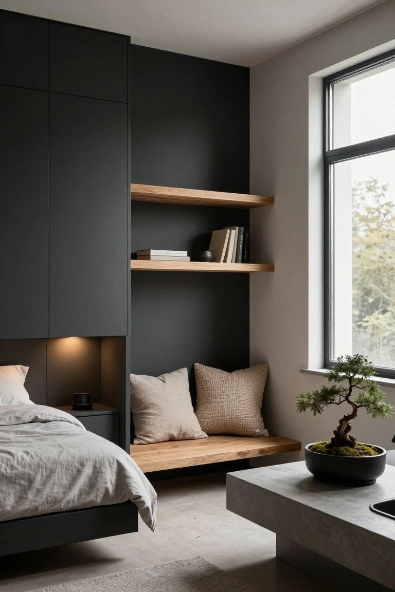 Bedroom corner with black floor-to-ceiling cabinets, oak floating shelves holding books and a vase, built-in wooden bench piled with beige pillows next to a low gray bed, bonsai tree in black pot on concrete table, and large window overlooking trees.