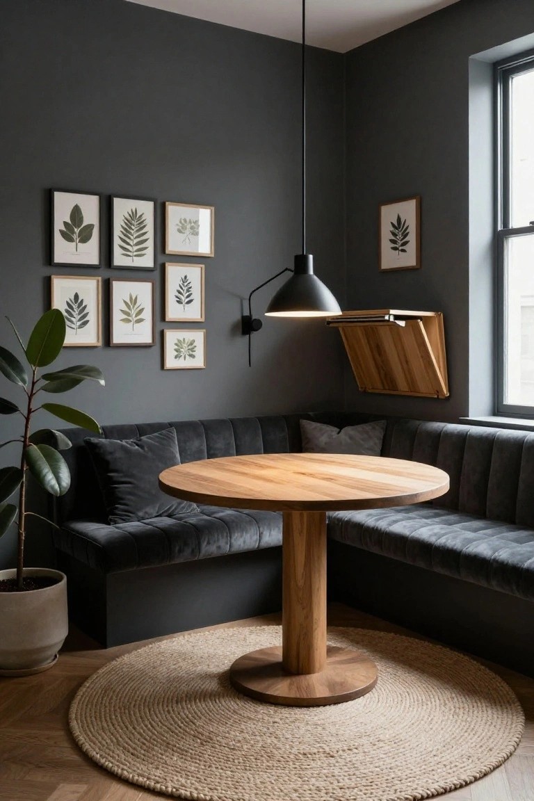 Corner booth with gray velvet bench seating around a round wooden pedestal table in a dark gray room featuring botanical prints on the walls, a potted plant, and a wall-mounted wooden shelf.
