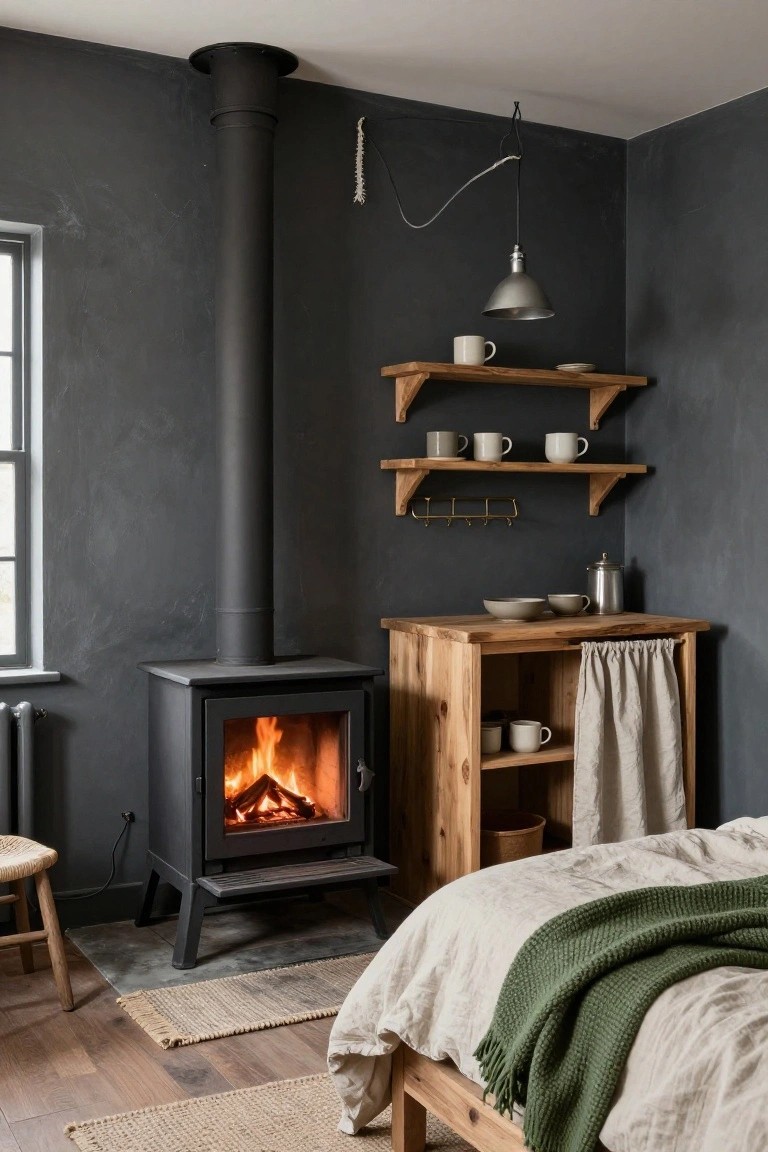 Corner of a moody studio bedroom with a lit black wood-burning stove next to a wooden bed draped in white linens and a green throw, dark plaster walls, wooden shelves with cups and a kettle on a side cabinet, and a pendant light overhead.