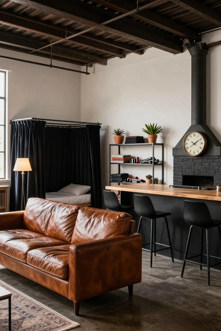 Studio apartment interior with black curtain-draped metal bed frame alcove, tan leather sofa, wooden bar counter with black stools, black brick fireplace with clock, plants on metal shelves, and exposed wood beam ceiling.