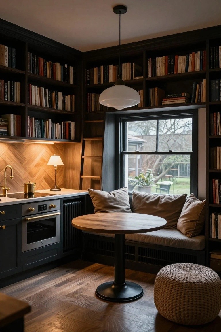 Compact corner kitchen with floor-to-ceiling dark wood bookshelves, navy cabinets, brass faucet and hardware, herringbone wood backsplash, round pedestal table with built-in cushioned bench under a large window to a garden, and a woven pouf stool.