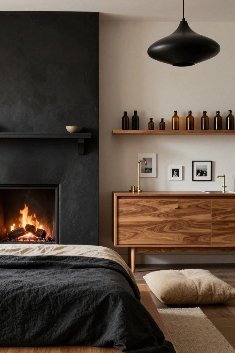 Bedroom corner with black textured fireplace wall and lit fire, wooden low dresser with drawers, bed draped in dark linens, floating shelves holding glass bottles, and floor cushions on wood flooring.