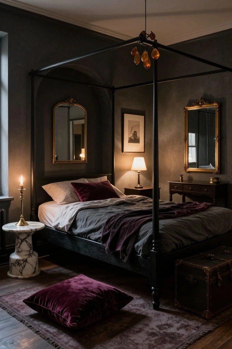 Dark moody bedroom interior with black metal four-poster bed, gray and purple bedding and pillows, gold-framed arched mirrors on walls, candle on side table, table lamp, and velvet cushion on rug.