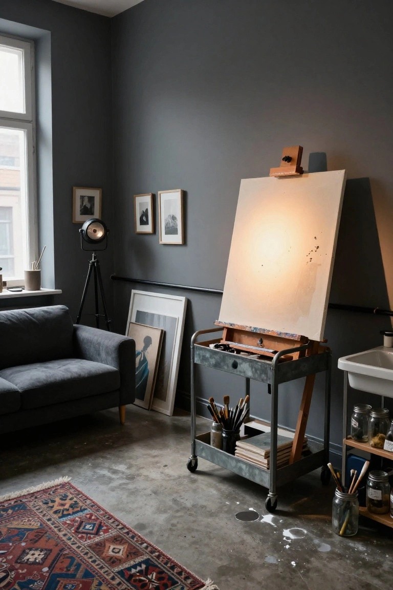 Dark gray interior of an artist's studio apartment featuring a wooden easel with blank canvas under spot lamp, gray sofa, metal cart holding brushes and paint jars, and assorted framed artwork on walls.