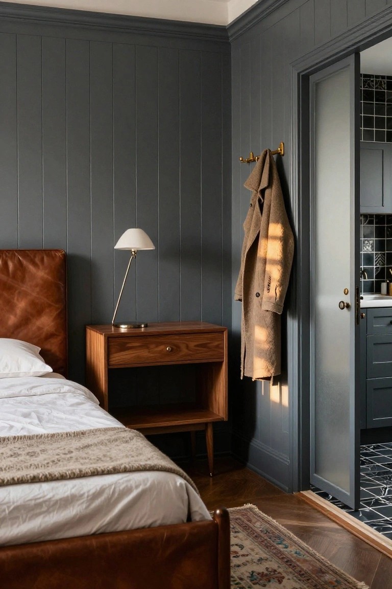 Corner view of a bedroom with dark gray vertical paneled walls, brown leather bed headboard and frame, white sheets and throw, wooden nightstand with white arched lamp, tan coat hanging from gold hook on wall next to open door revealing black-and-white tiled bathroom area, hardwood floors with patterned rug.