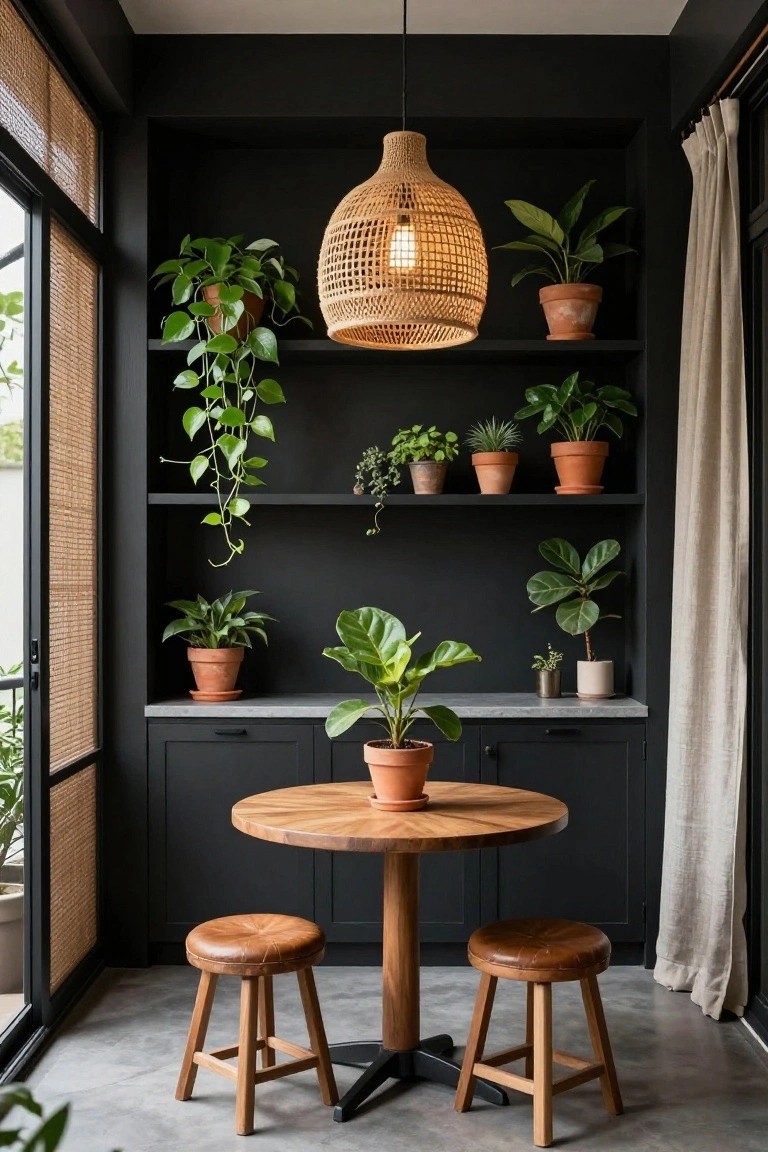 Small indoor seating area with black built-in shelves filled with various potted plants, a round wooden table, two wooden stools with leather seats, a hanging rattan lamp, bamboo window blinds, and beige curtains.
