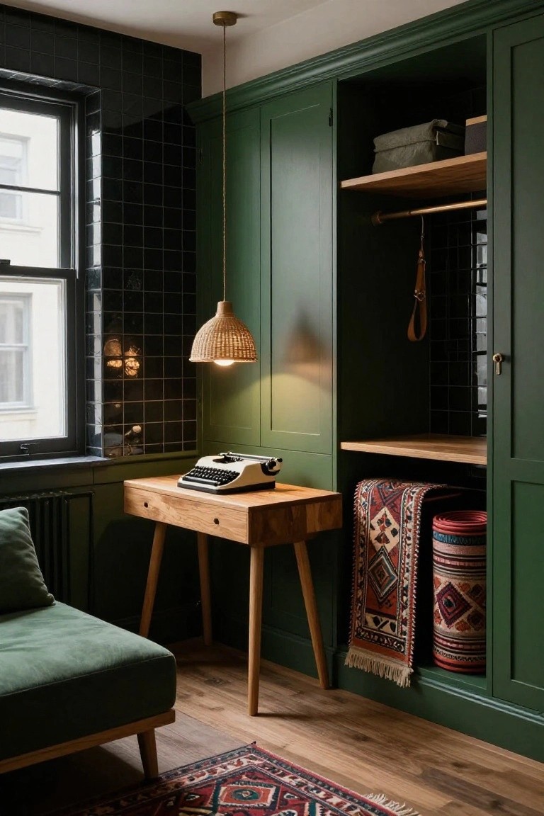 Corner of an indoor room with dark green built-in wardrobe featuring open wooden shelves, brass hanging rail, rolled rugs and basket inside, wooden desk with typewriter positioned next to it, black tiled wall with window, green armchair, rattan pendant light, and patterned rugs on wood floor.