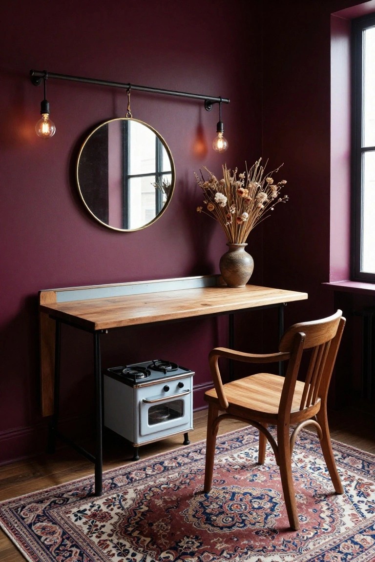 Small interior room with deep purple walls, wall-mounted wooden desk over a white vintage stove, black pipe shelf holding round mirror and two pendant lights, wooden chair, Persian rug on wood floor, and vase of dried flowers next to window.