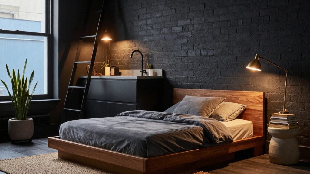 Studio apartment bedroom with exposed black brick wall, wooden platform bed with gray duvet, brass arc lamps on nightstand and counter, black ladder shelf unit, potted snake plant, and adjacent dark cabinet kitchen sink under large window.