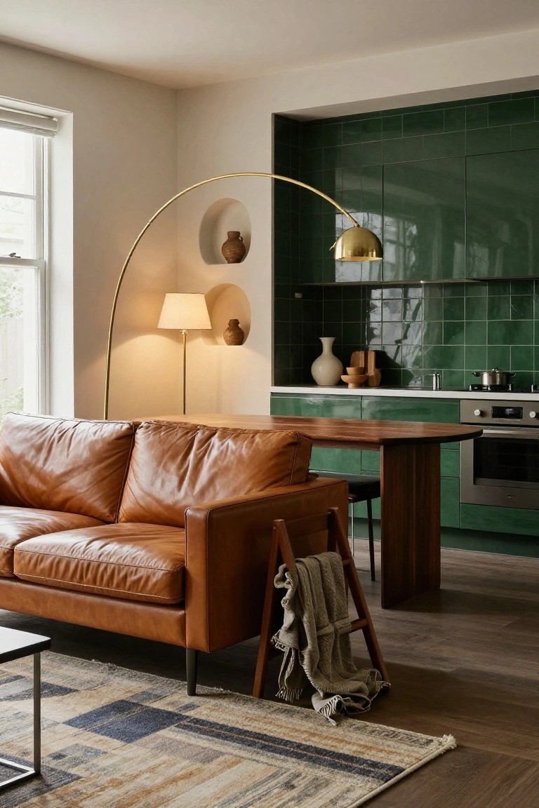 Interior of a studio apartment living area with tan leather sofa, wooden dining table on legs, arched gold floor lamp, and adjacent kitchen with deep green tiled walls and cabinets.