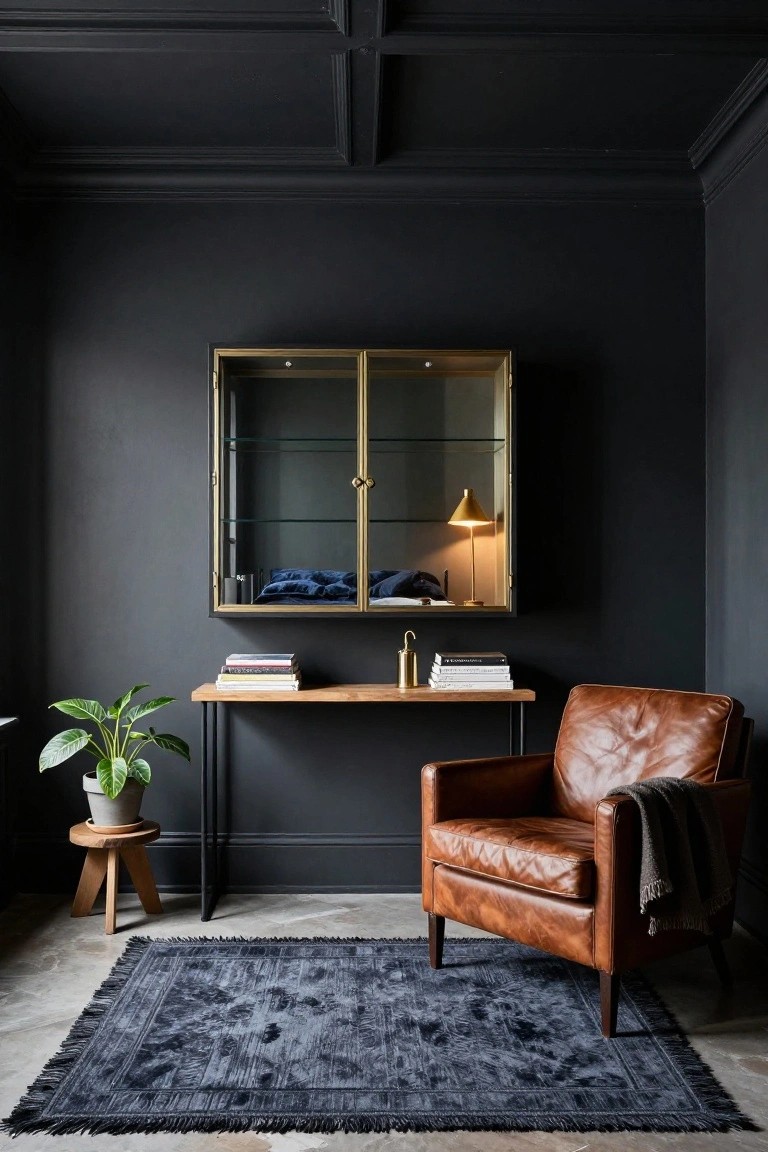 Dark gray-walled interior corner with brass-framed glass display cabinet containing blue bedding and lamp, wooden console table holding stacked books and gold vase, potted plant on wooden stool, tan leather armchair with gray throw on fringed dark rug.