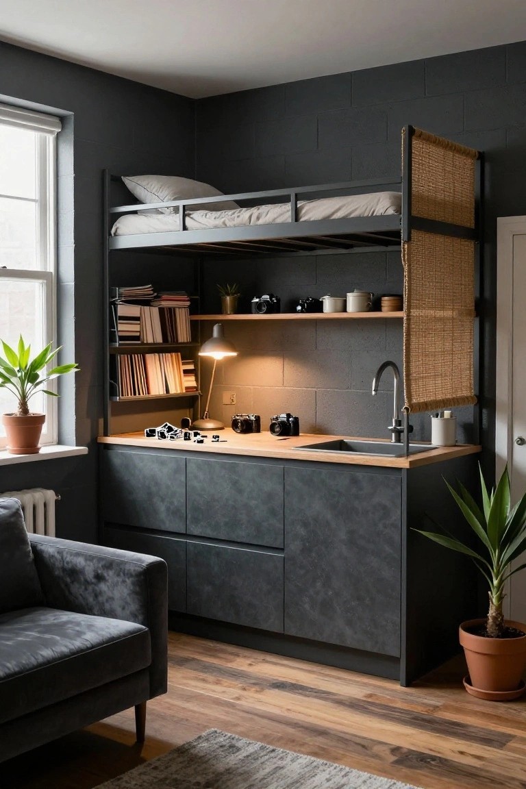 Compact studio apartment corner with black metal loft bed above a dark gray kitchenette counter, sink, and shelves holding books and cameras, plus plants, a gray sofa, and wooden floors.