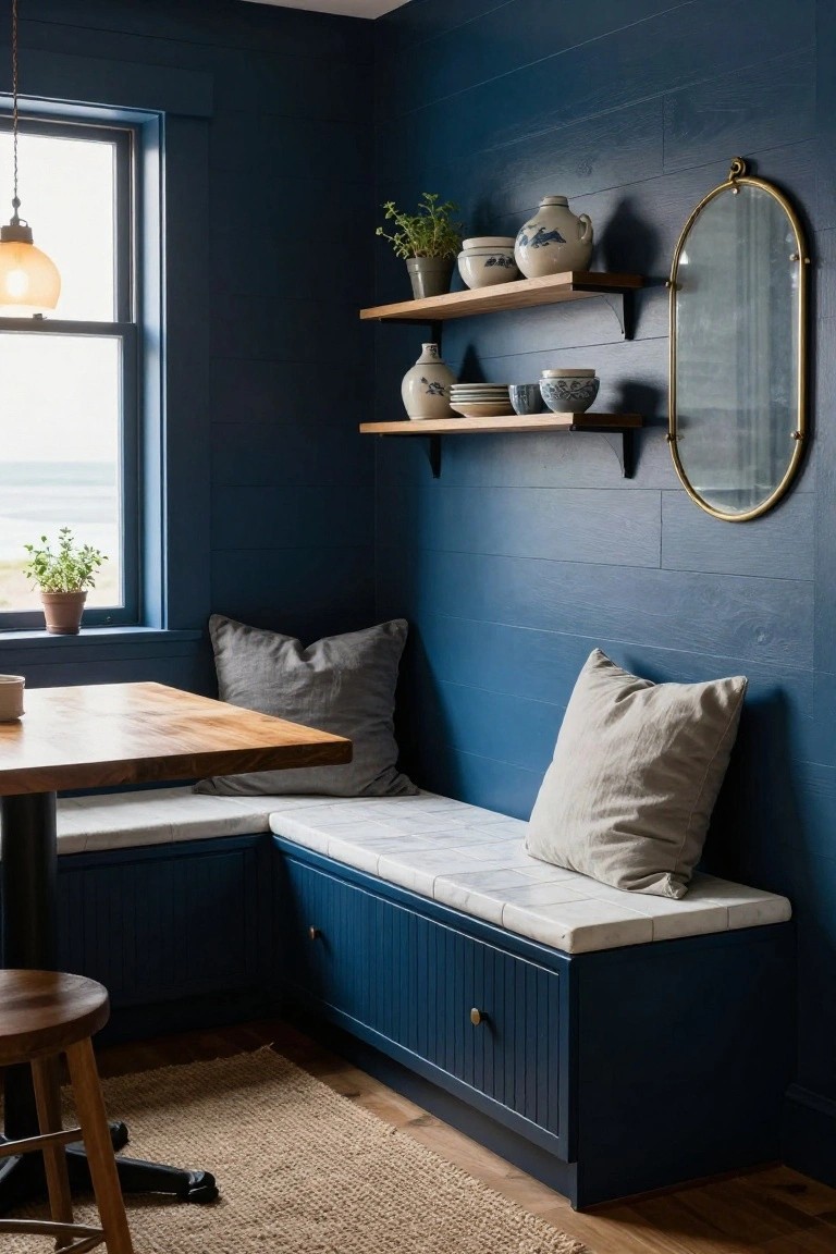 Corner kitchen nook with dark blue shiplap walls and matching built-in bench seating topped with white cushions and pillows, wooden table, stools, shelves holding pottery and plants, and a window showing a sea view.