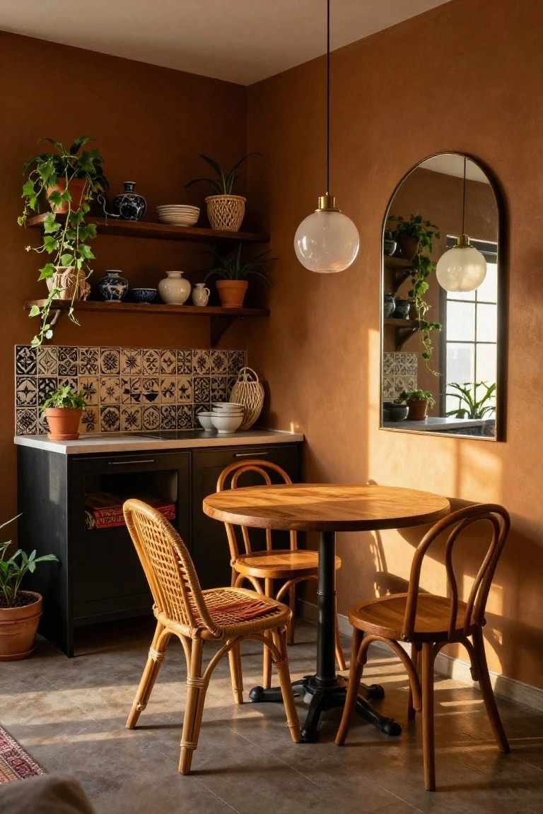 Small indoor kitchen nook with terracotta walls, blue-and-white tiled backsplash, wooden round dining table, rattan chairs, potted plants on shelves, and an arched mirror reflecting a window.