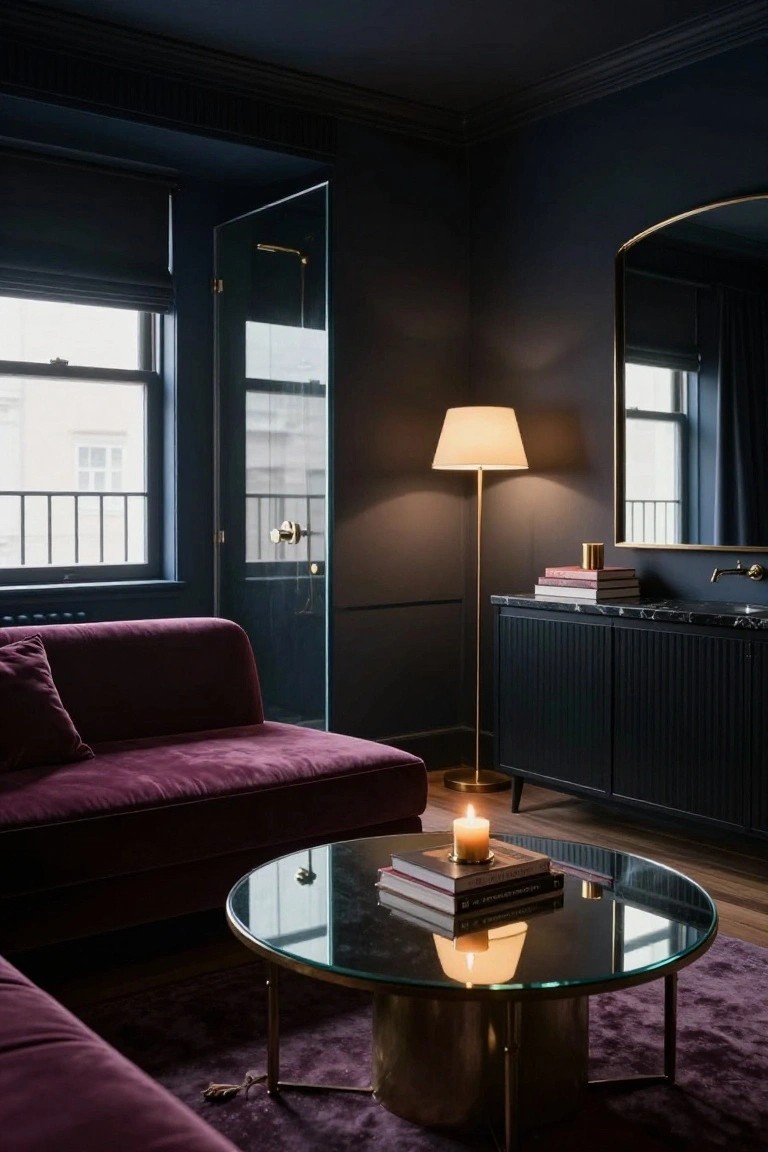 Dark navy corner room with purple velvet sofa, brass-trimmed glass coffee table topped with books and lit candle, tall floor lamp, black credenza with books and candle, gold mirror, and glass door to bathroom area.