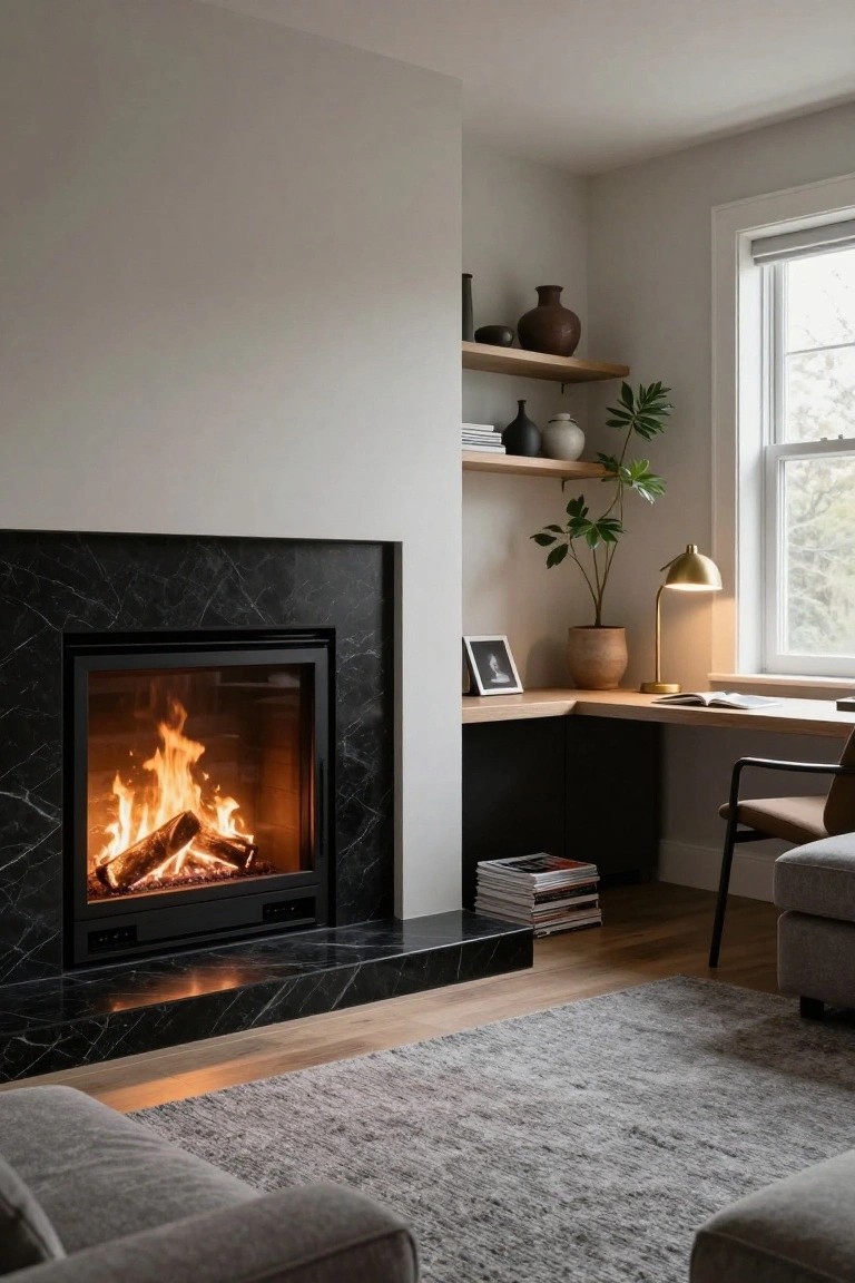 Modern interior room corner with black marbled fireplace burning logs, adjacent wooden desk with tan chair and gold lamp, oak shelves holding pots and books, potted plant by window, and gray sofa on wood floor.