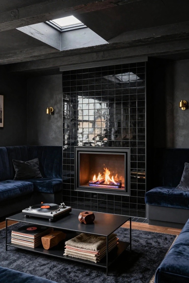 Dark interior lounge with glossy black square tiled fireplace wall, burning fire inside, navy velvet L-shaped bench seating, low black metal coffee table with turntable and records, exposed wood beams, skylight above.