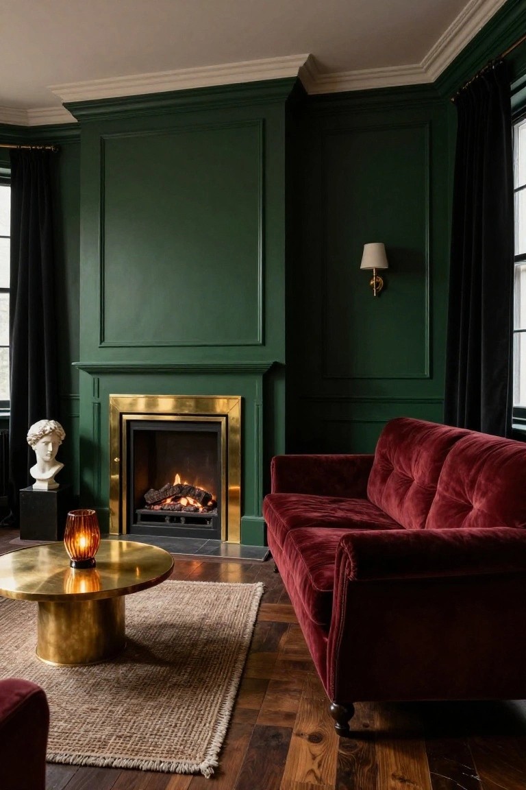Interior room with deep green paneled walls, brass-framed fireplace with burning logs, red velvet tufted sofa, brass coffee table with orange glass candle, marble bust on black pedestal, beige rug, and wood floors.