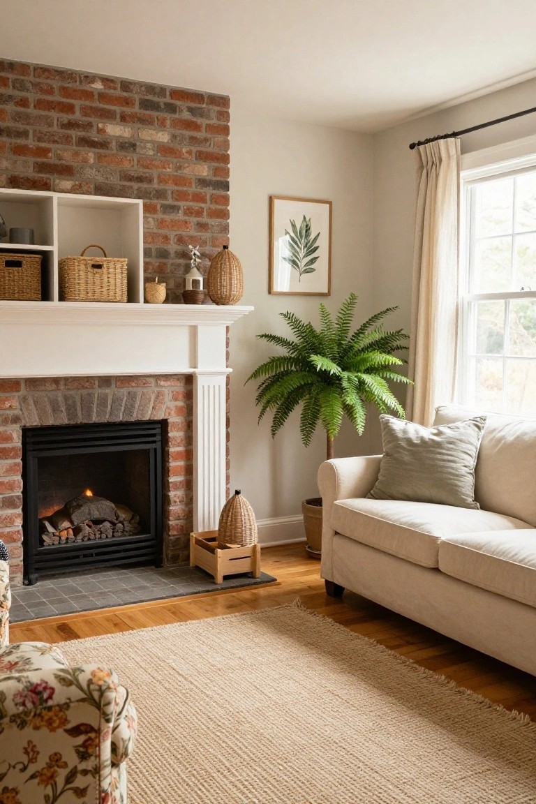 Living room corner with lit brick gas fireplace under white wood mantel on brick surround, shelves holding woven baskets, tall potted fern plant, cream sofa with pillows, floral armchair, seagrass rug, and hardwood floors.