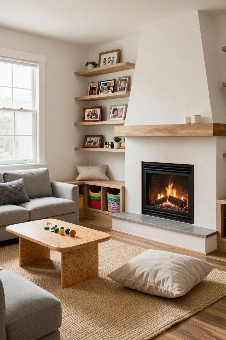 Cozy living room corner with lit fireplace in white surround and oak mantel, flanked by floating oak shelves holding framed photos and plants, built-in oak bench with pillows and colorful toy baskets, gray sofa, cork coffee table with wooden toys, and seagrass rug on wood floor.