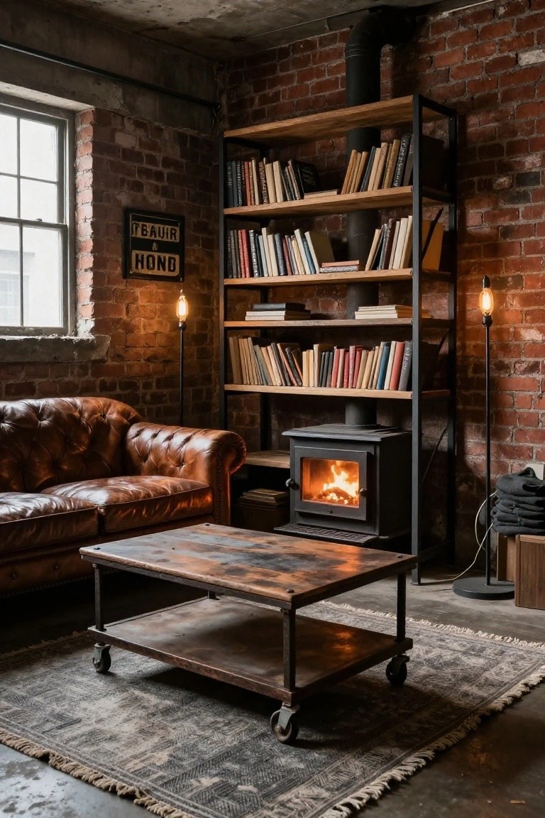 Cozy basement room with exposed brick walls, freestanding black wood-burning stove with fire inside, tall wooden bookshelves filled with books, brown leather sofa, rustic wooden coffee table on wheels, and floor lamp.