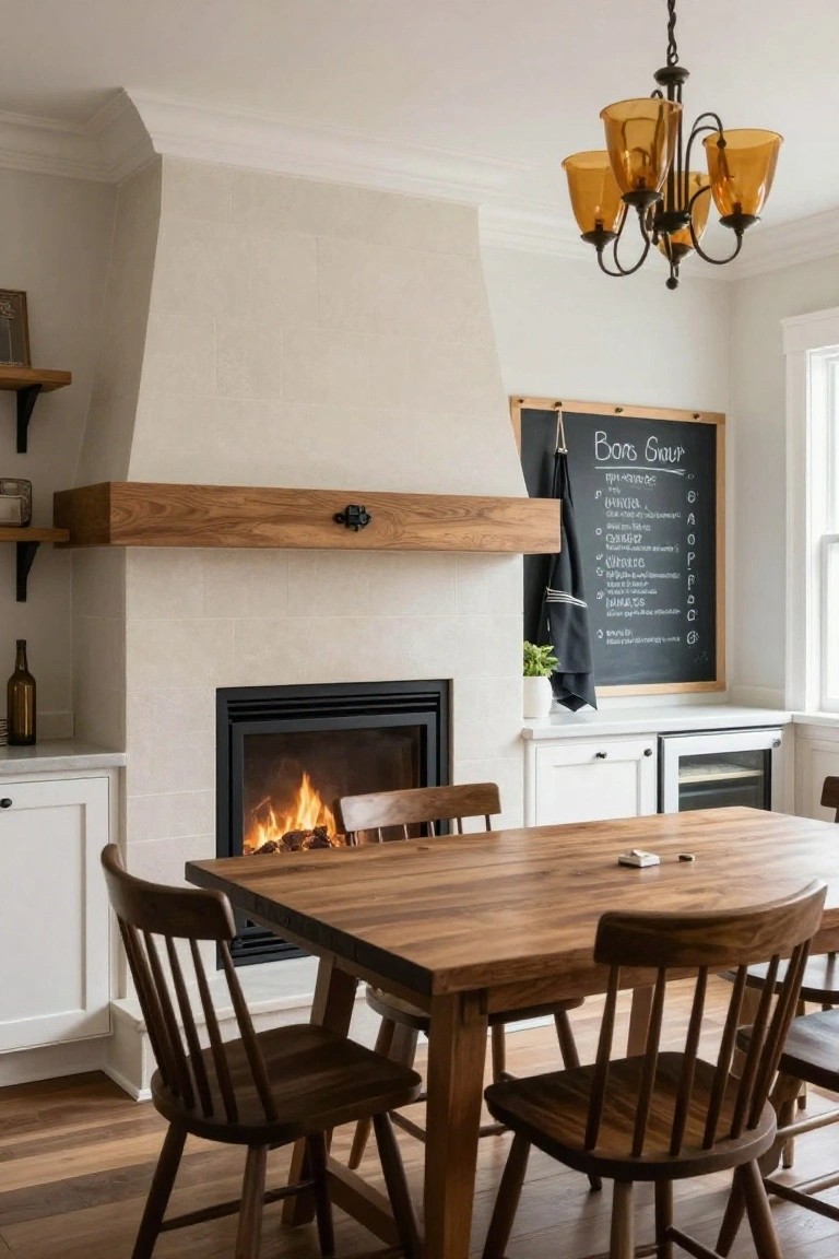 Indoor dining area with a lit gas fireplace under a wooden mantel, wooden table and spindle-back chairs, white cabinets, chalkboard menu board, and hardwood floors.