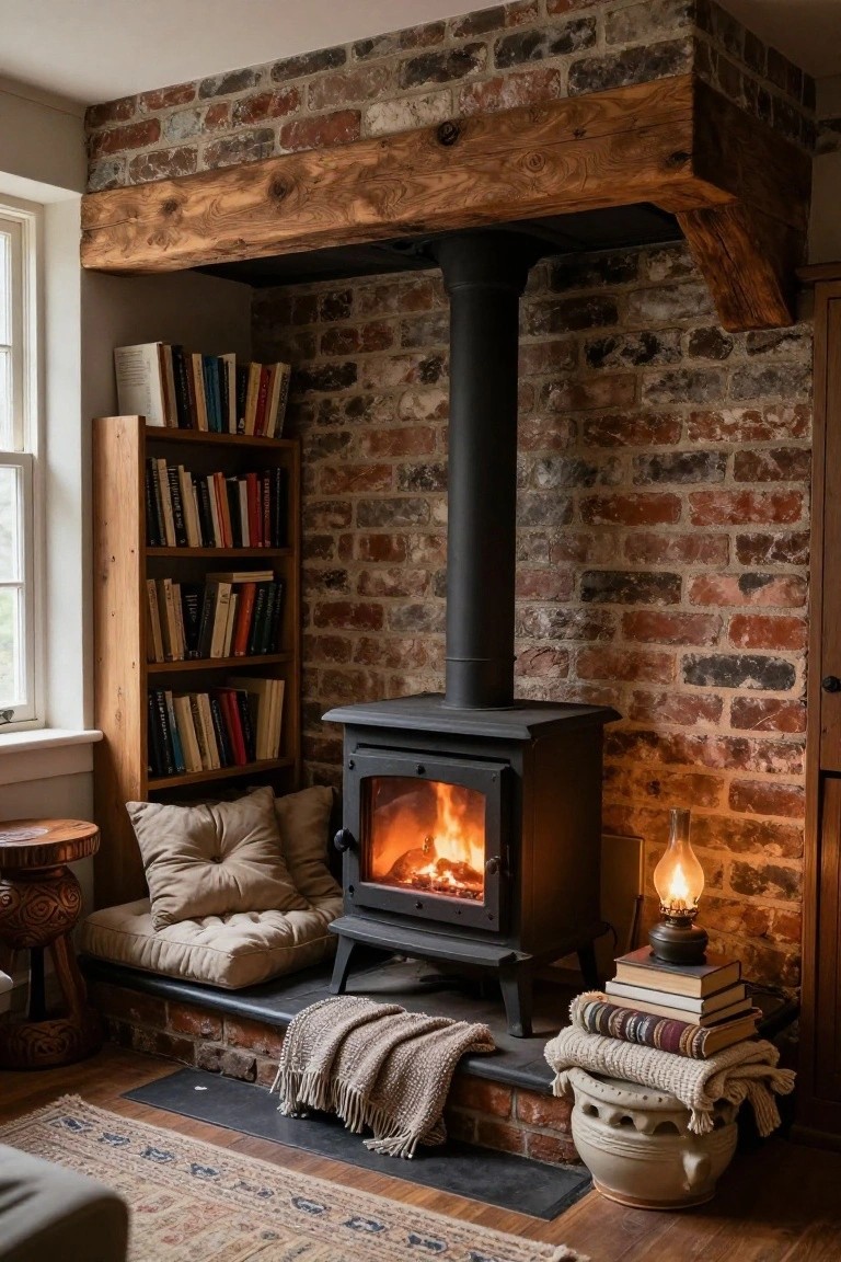Cozy room interior with black wood-burning stove set into exposed brick wall under wooden beams, low beige cushioned bench with pillows and blankets on hearth platform, wooden bookshelves, small carved stool table, oil lamp, and stacked books.