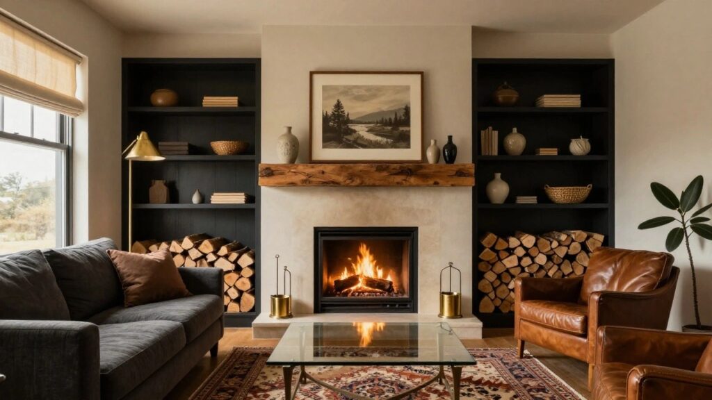 Living room corner with fireplace on black stone hearth framed by vertical wood plank wall and black built-in shelves holding stacked firewood, bottles, vases, and photos, plus gray sofa, leather armchairs, glass coffee table on Persian rug, floor lamp, potted plant, and window with linen shades.